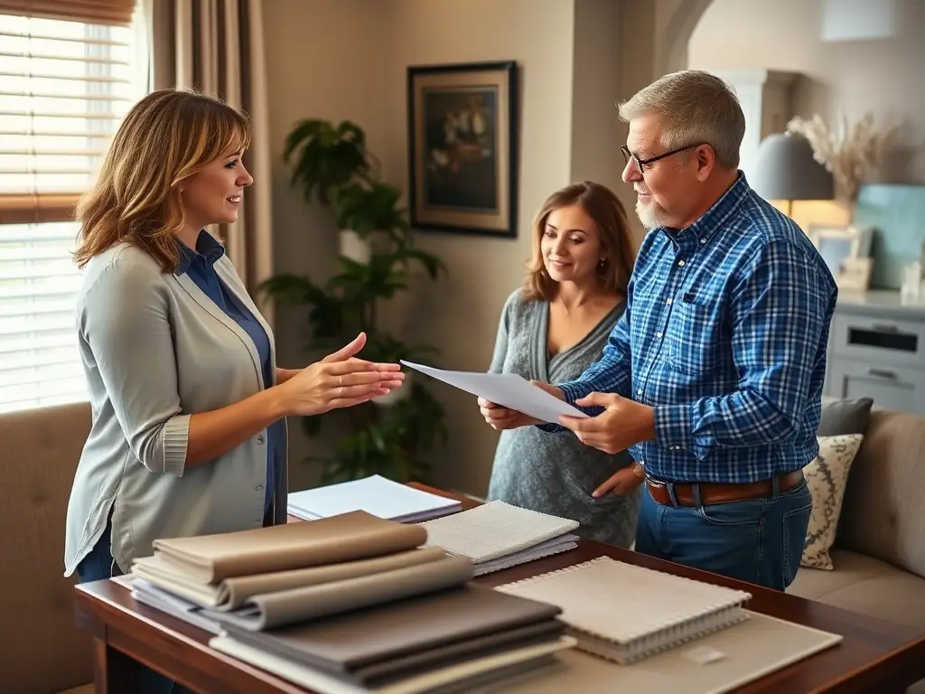 A customer interacting with ShadeWave's design consultant, reviewing fabric samples and discussing customization options for their blinds.