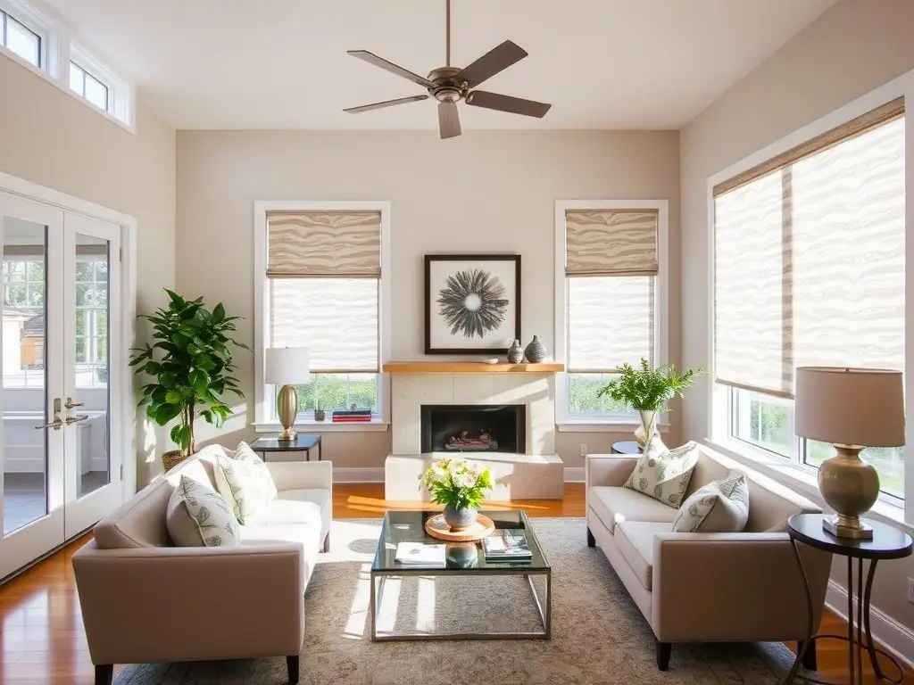 A stylish living room featuring ShadeWave's modern roller blinds, showcasing their sleek design and ability to seamlessly integrate with contemporary decor.